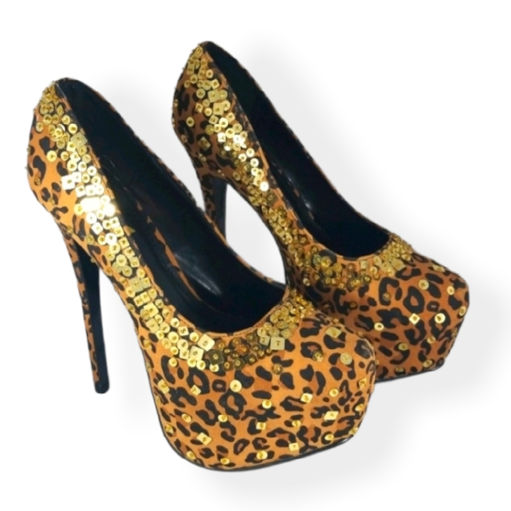 Alba Gold Brown Leopard Print High Heel Shoes - Size 8  6inch Stilettos